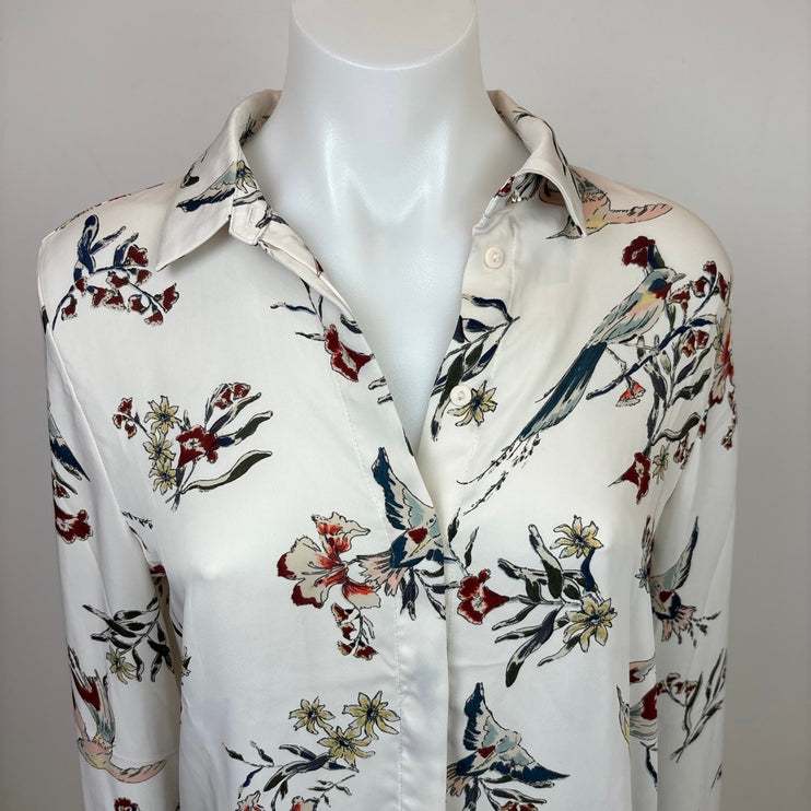 H&M Womens White Floral Birds Button Up Collared Long Sleeve Blouse Top 2
