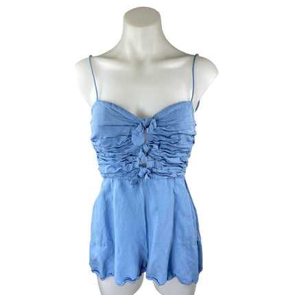 Zara Blue Linen Sleeveless Knot Smocked Cami Camisole Tank Romper Shorts Size M