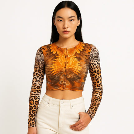 Tiger Mist Multicolor Cheetah Leopard Animal Print Long Sleeve Crop Top Size XS