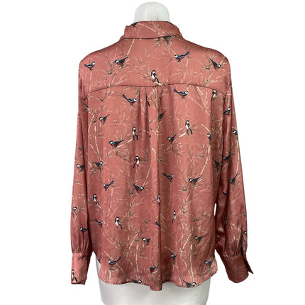 Zara Womens Brown Silky Satin Bird Print Long Sleeve Button Down Shirt Top Sz XL