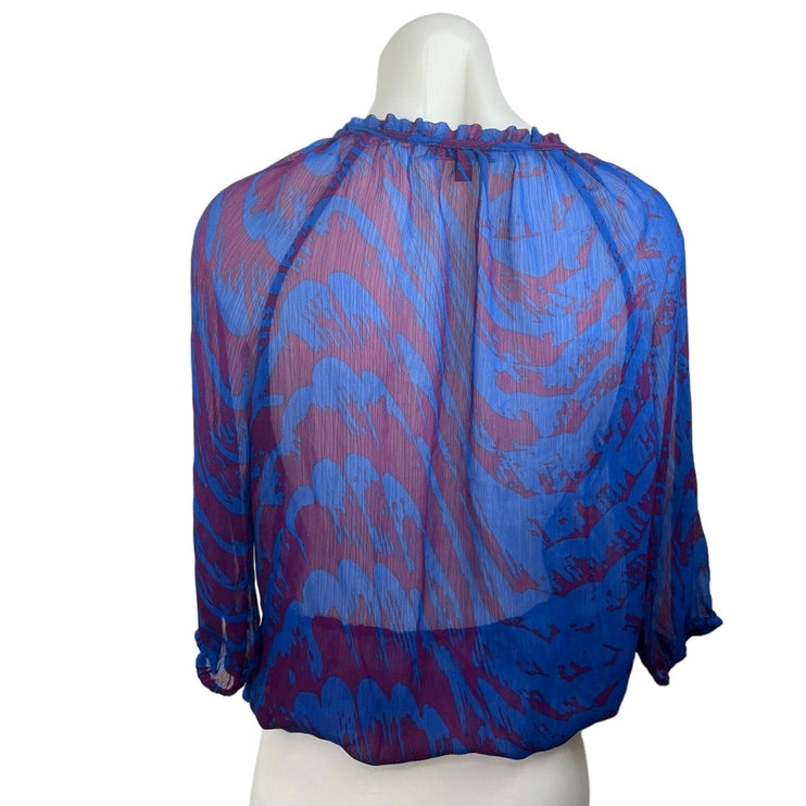 Express Blue Purple Zebra Print Pleated Ruffle Neck Sheer Pop Over Blouse Top M