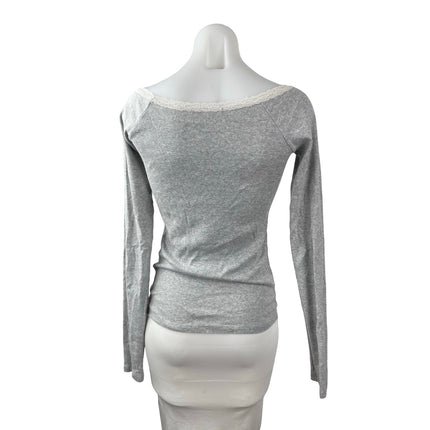 Brandy Melville Women's Gray Floral Lace Trim Knit Long Sleeve Blouse Top Size S