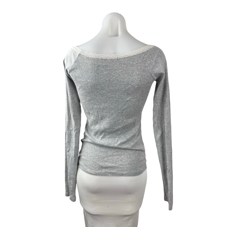 Brandy Melville Women's Gray Floral Lace Trim Knit Long Sleeve Blouse Top Size S