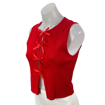Le Lis Red Sleeveless Ribbed Knit Bow Ribbon Knit Cami Tank Blouse Crop Top M