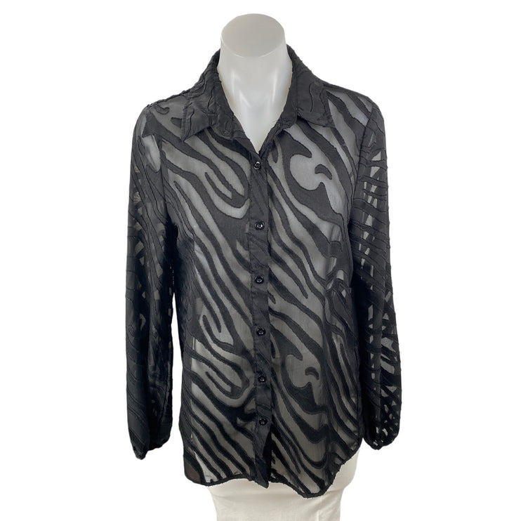 Boohoo Women's Black Mesh Abstract Sheer Long Sleeve Button Down Shirt Top Sz 6