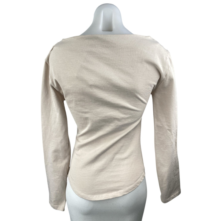 NEW Zara Women Beige Nude Long Sleeve Boat Neck Drape Soft Blouse Top Size S