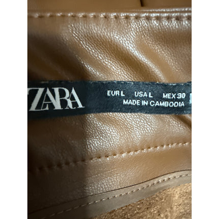 Zara Women's Brown Faux Vegan Leather Pleated Belted Mini A-Line Skirt Size L