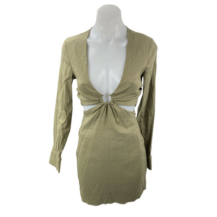 Zara Women's Olive Green Linen V Neck Long Sleeve Cut Out Mini Bodycon Dress XS