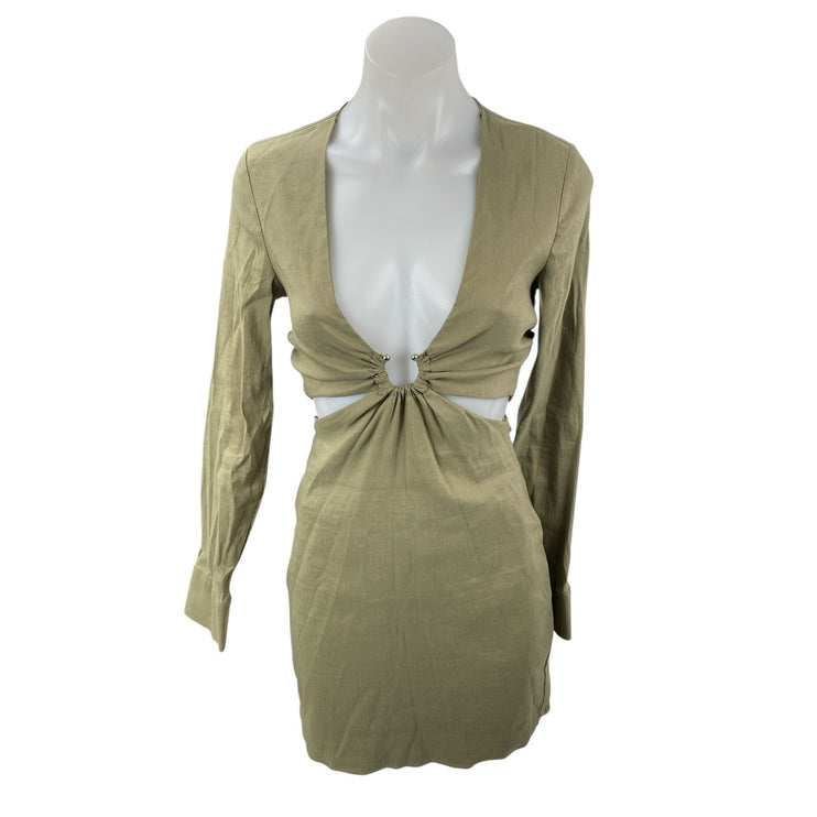 Zara Women's Olive Green Linen V Neck Long Sleeve Cut Out Mini Bodycon Dress XS