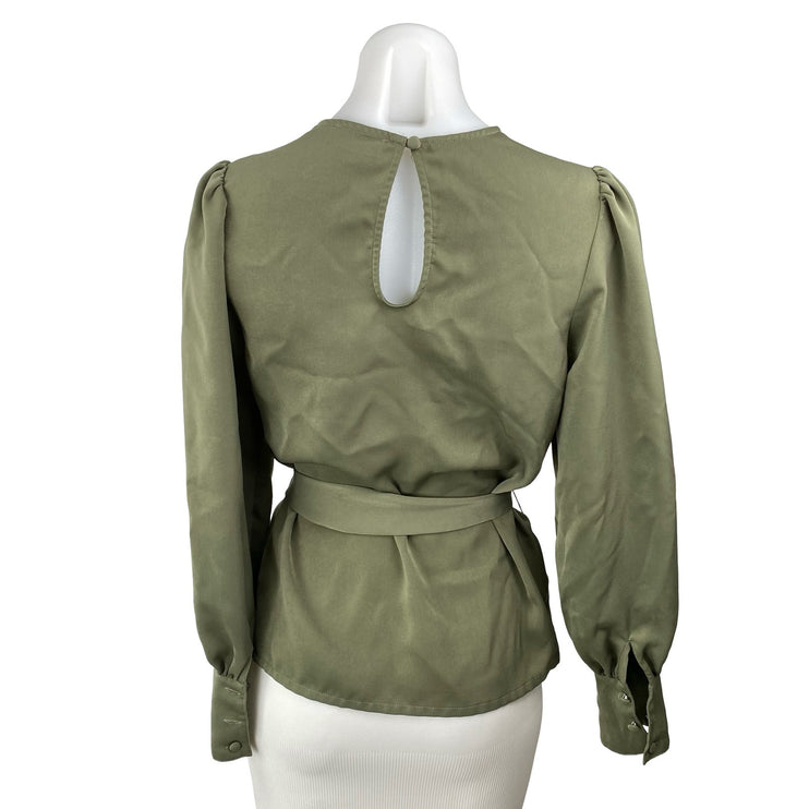 Oak + Fort Women's Green Long Balloon Sleeve Tie Waist Peplum Blouse Top Size XS