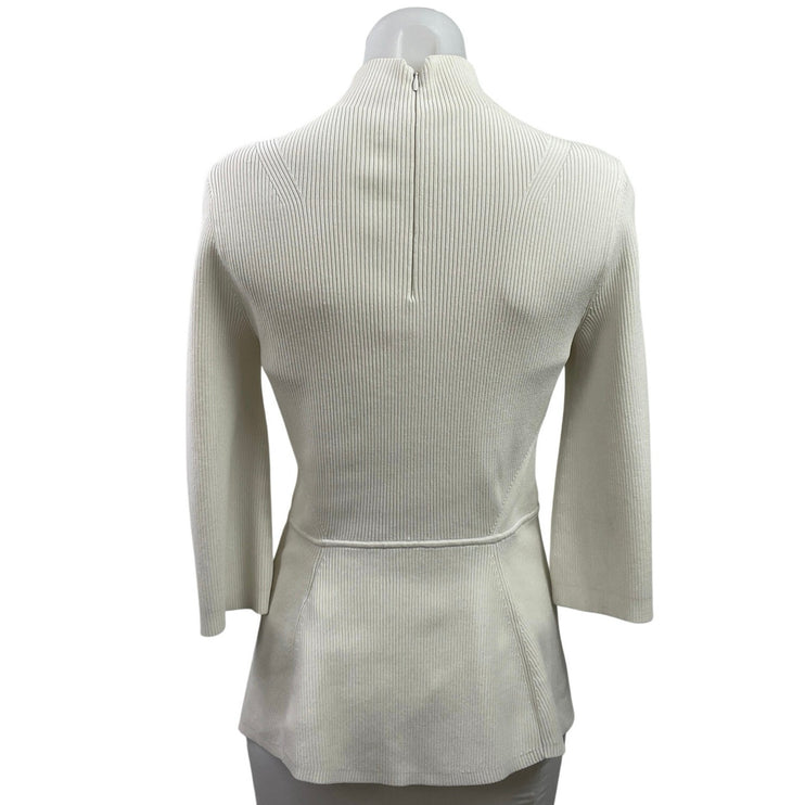 L.K. Bennett White Mock Neck Ribbed Knit 3/4 Sleeve Peplum Sweater Top Size S