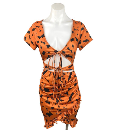 Womens Orange Satin Halloween Print Cut Out Ruched Ruffle Mini Bodycon Dress Sz M