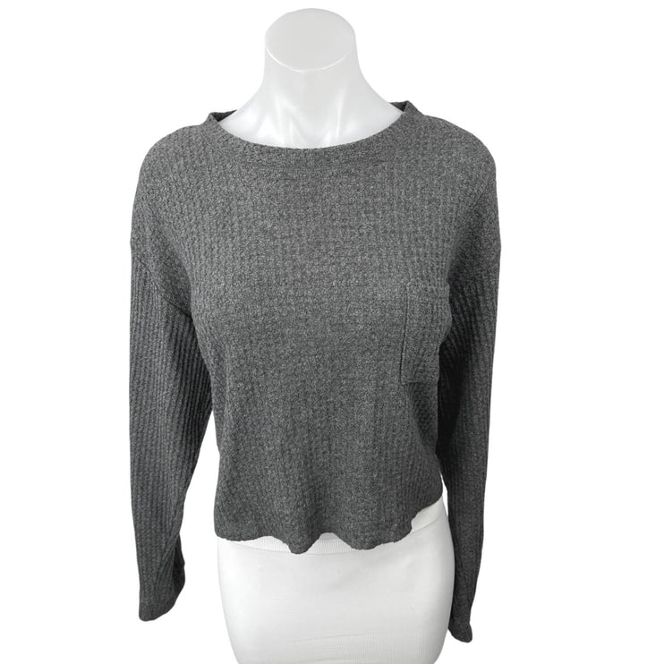 Wild Fable Gray Waffle Knit Pocket Long Sleeve Pullover Crop Sweater Top Size L