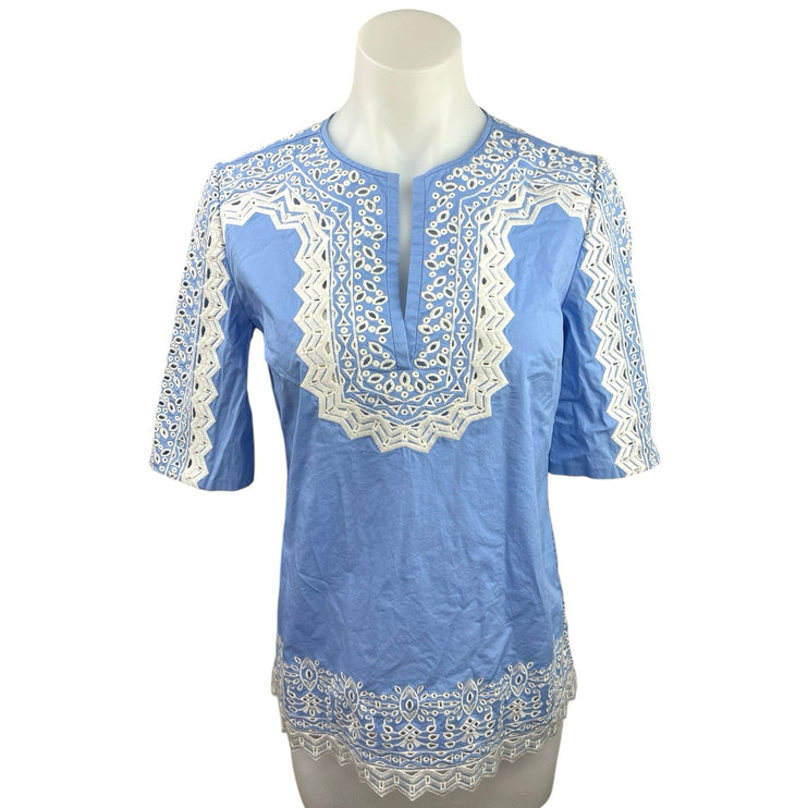 Tory Burch Blue White Embroidered Boho Half Sleeve Casual Tunic Blouse Top Size 2