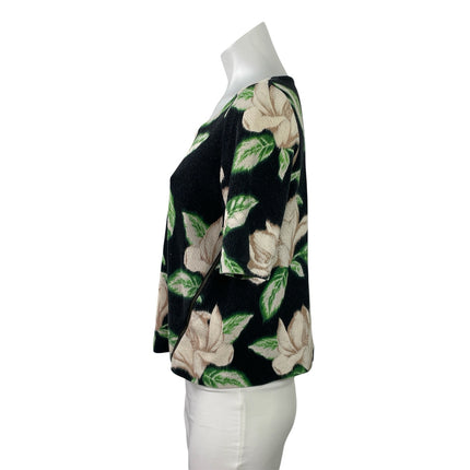 Anthropologie Women's Black Floral Short Sleeve Scoop Neck Blouse Top Size S