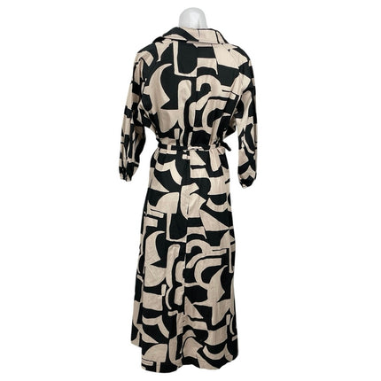 NEW Preview Black Beige Geometric Half Sleeve Tie Belt A Line Midi Dress Size 18