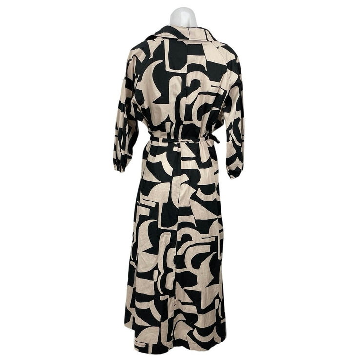 NEW Preview Black Beige Geometric Half Sleeve Tie Belt A Line Midi Dress Size 18