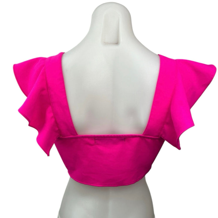 White Fox Pink Ruffle Front Tie Festival Boho Chic Sleeveless Crop Top Size S