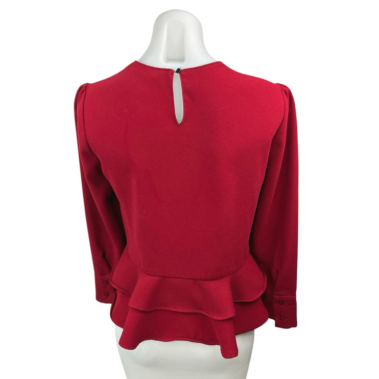 Zara Red Ruffle Peplum Long Sleeve Round Neck Slim Fit Shirt Blouse Top Size M