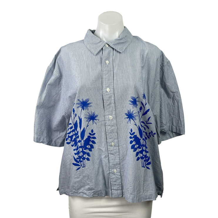 Urban Outfitters Blue Striped Floral Graphic Short Sleeve Button Down Shirt L