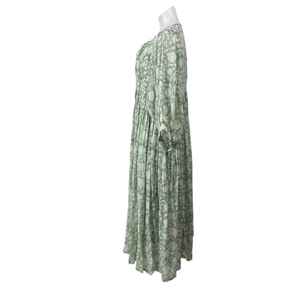 Daughters of India Green 3/4 Puff Sleeves Floral Tie Neck Boho Midi Dress Sz M