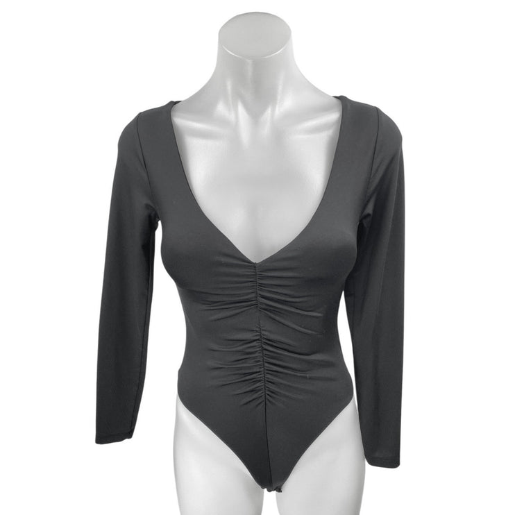 Zara Black Long Sleeve Deep V Neck Ruched T Shirt Blouse Bodysuit Top Size S