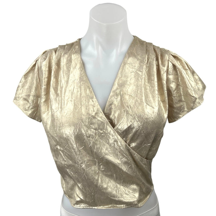 Zara Gold Metallic Faux Wrap V-neck Short Puff Sleeve Crop Blouse Top Size S