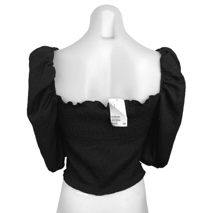 H&M NWT Black 3/4 Puff Sleeve Square Neck Smocked Crop Blouse Top Size M