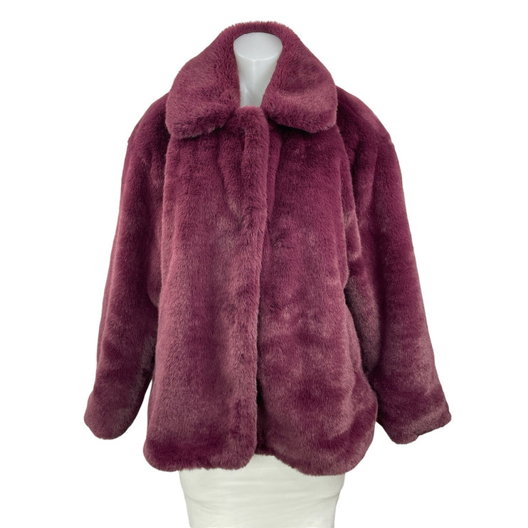 Elie Tahari Women's Maroon Long Sleeves Faux Fur Notch Fleece Coat Jacket L/G