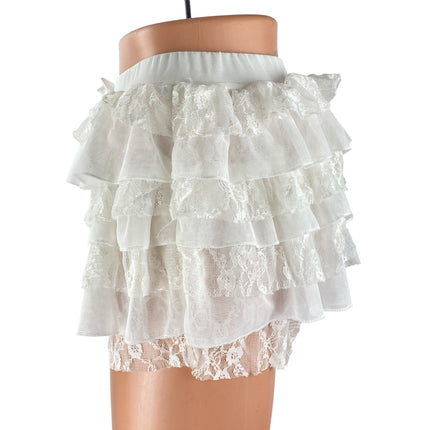 Women's White Lace Tulle Mesh Ruffle Bow Elastic Waist Micro Mini Skort Shorts S