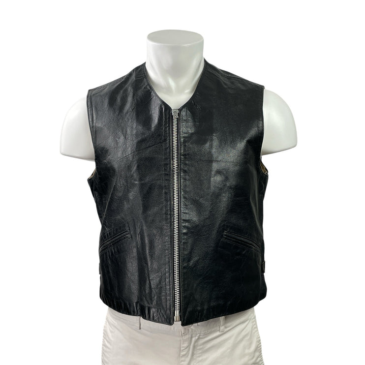 Monguzzi Milano Men's Black Genuine Leather Full Zip Biker Vest Jacket Size 42