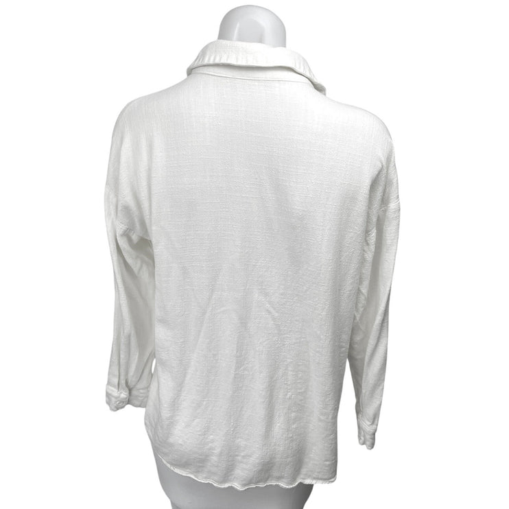 12TH Tribe Women's White Linen Button Up Collar Long Sleeve Shirt Blouse Top S/M