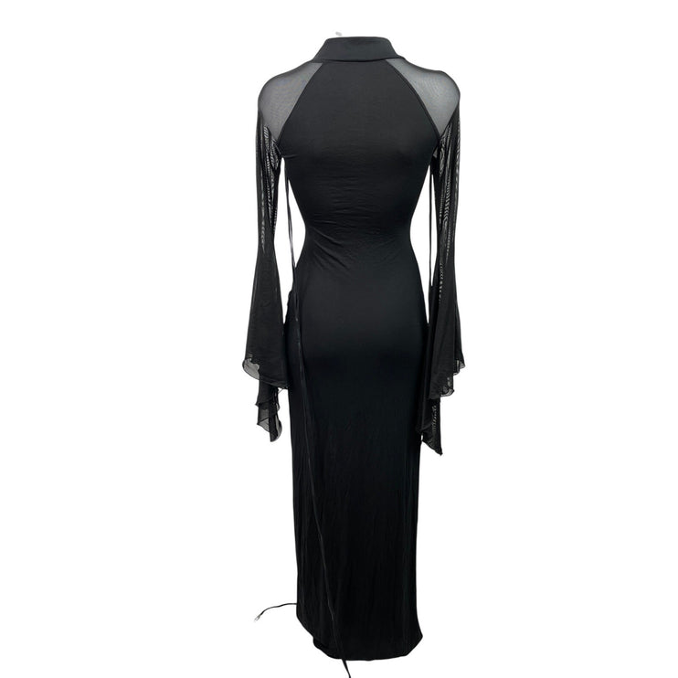 Dolls Kill Widow Black Sheer Bell Long Sleeve Keyhole Maxi Bodycon Dress Size XS