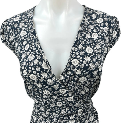 J.Crew Navy Blue Floral Ruffle Faux Wrap V-Neck Short Sleeve Mini A-Line Dress 4