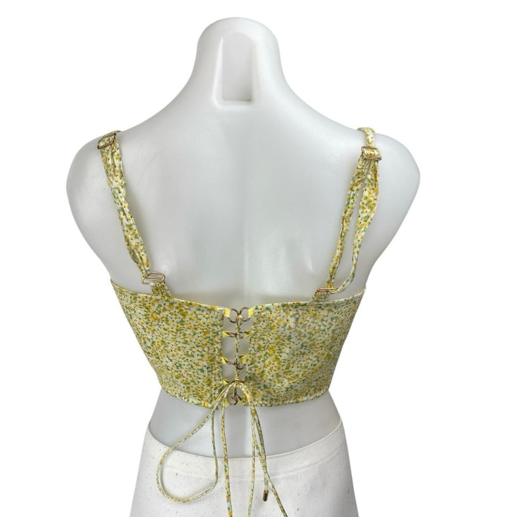 Sabina Musayev Yellow Silk Satin Floral Sleeveless Cutout Cami Tank Crop Top L