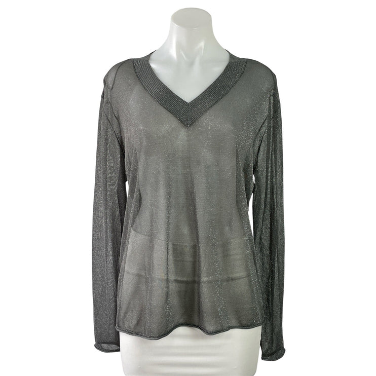 Zara Women's Dark Gray Mesh Sheer Glitter Sparkly V Neck Long Sleeve Knit Top S