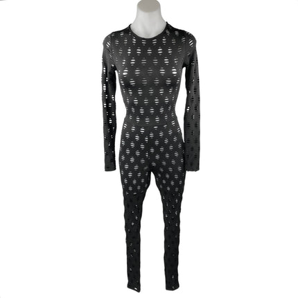 Women's Black Eyelet Stretch Long Sleeve Crew Neck Fitted Skinny Jumpsuit Size S