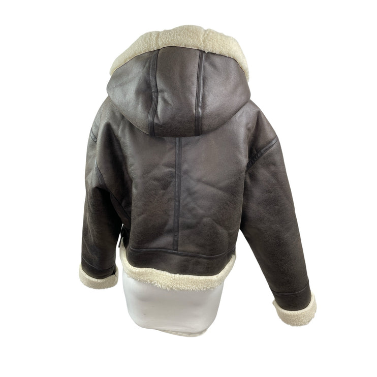 Stradivarius Women's Brown Fleece Sherpa Hoodie Full Zip Faux Leather Jacket L