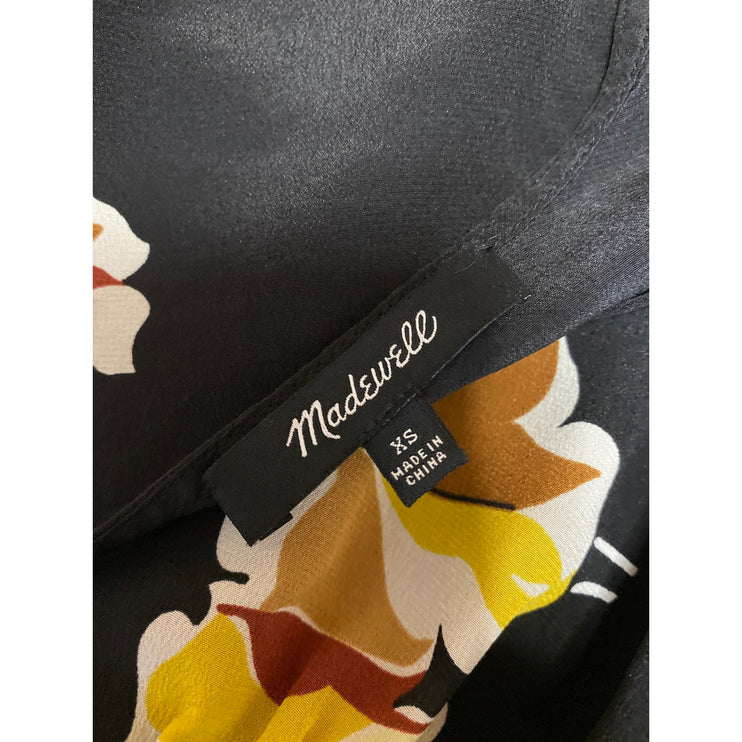 Madewell Black Floral 100% Silk Long Sleeve V Neck Cropped Blouse Top Size XS