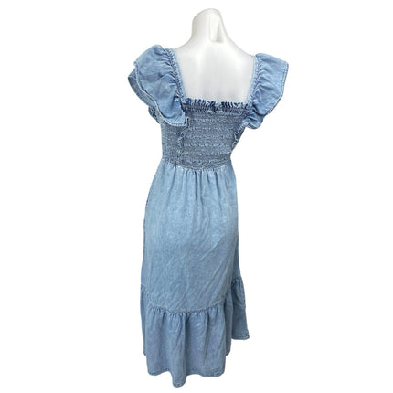 Gap Blue Denim Chambray Smocked Flutter Sleeve Ruffle Midi A-line Dress Size XS