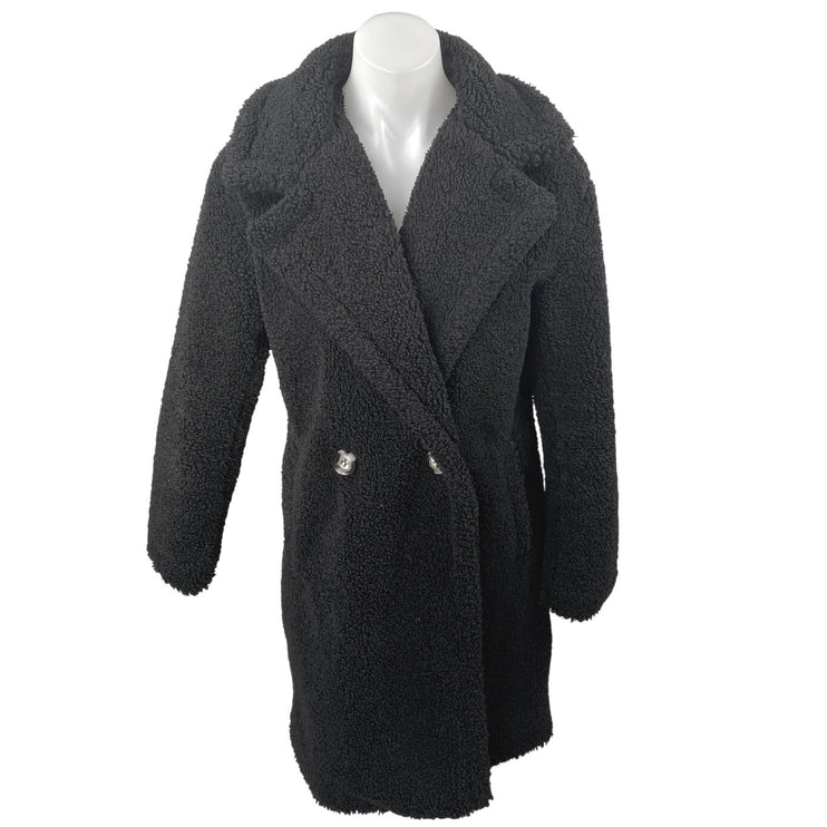 Apparis Women's Black Sherpa Fleece Double Breasted Teddy Trench Coat Jacket XS