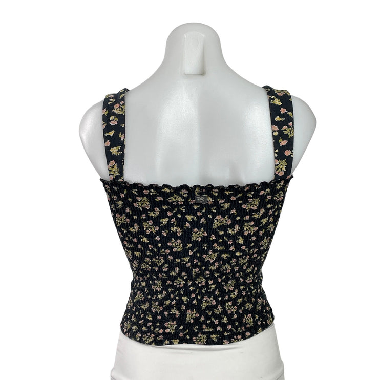 Billabong Womens Black Floral Sleeveless Square Neck Smocked Crop Tank Top Sz S
