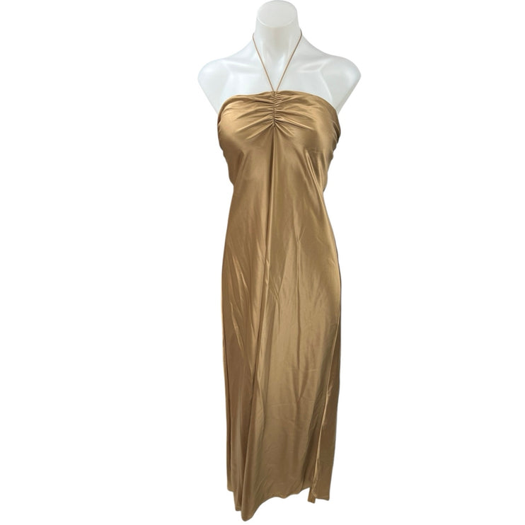 NEW Reformation Valora Gold Silk Satin Halter Tie Midi Maxi Cami Slip Dress 10