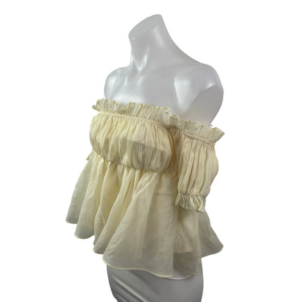 Lush Womens Cream Tulle Sheer Short Sleeve Off Shoulder Crop Peplum Blouse Top S