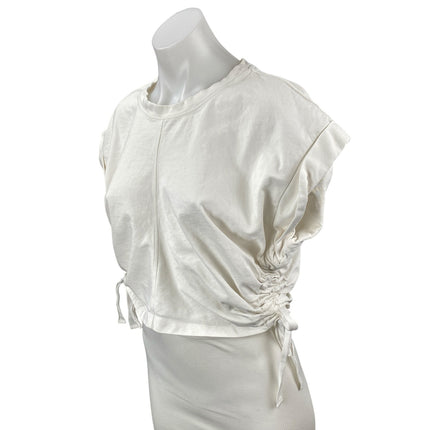 All Saints Women's White Tie Ruched Drop Sleeve Cropped T Shirt Tee Top Size L