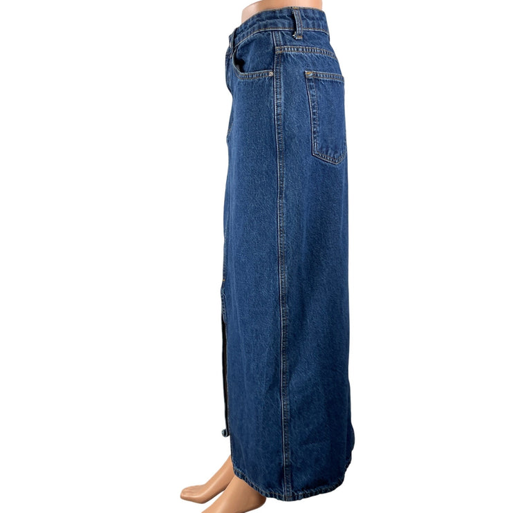 MNG Mango Blue Medium Wash High Waist Slit Straight Midi Denim Jean Skirt S