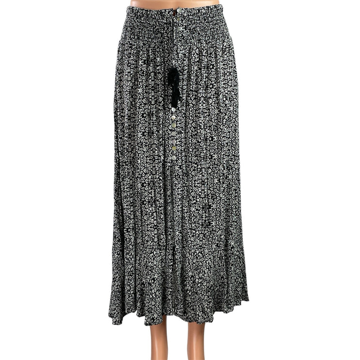 Rachel Zoe Women's Black Floral Smocked Waist Tassels Maxi A-Line Skirt Size XS