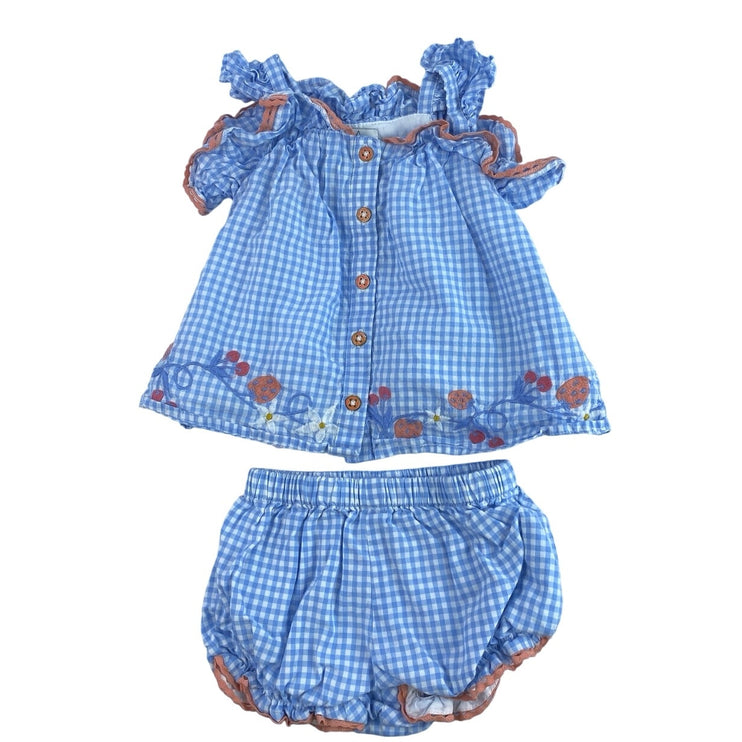 Joie Infant Baby Blue Gingham Checkered Embroidered Matching Dress Set Size 3-6M