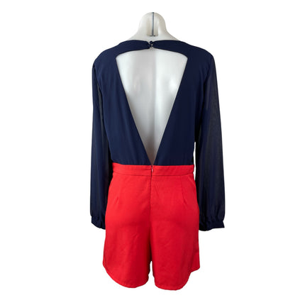Depri Women's Navy Blue Red Long Mesh Sleeve Backless V Neck Romper Shorts Sz L