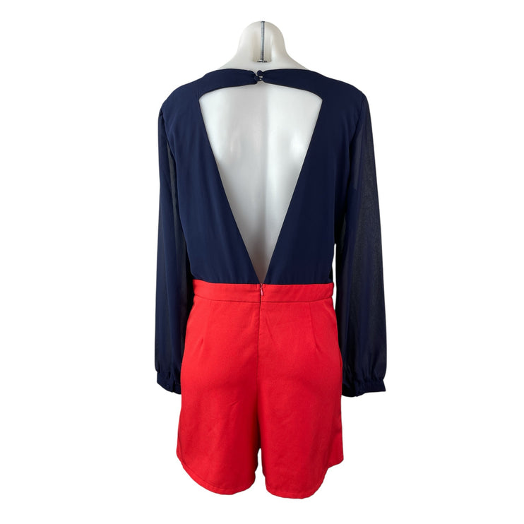 Depri Women's Navy Blue Red Long Mesh Sleeve Backless V Neck Romper Shorts Sz L